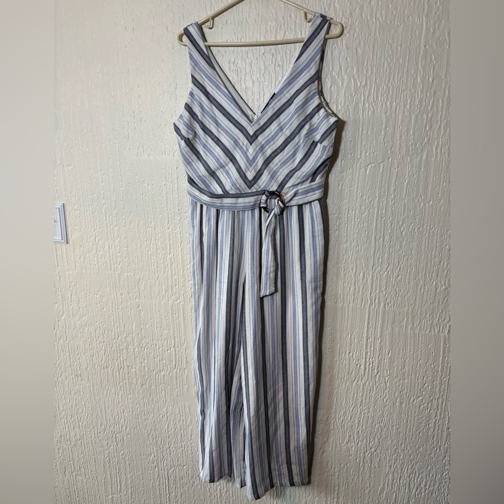 Crystal Sky Striped V-Neck Belted Jumpsuit in Blue and White Women Size L
